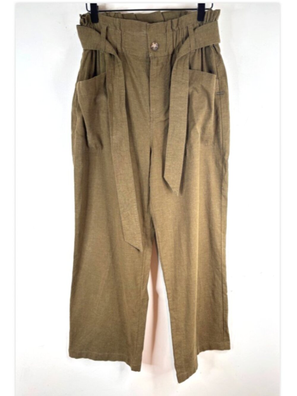 Toad&Co Olive Green Hemp Wide Leg Pants S Paperbag Waist Pockets Boho Minimalist